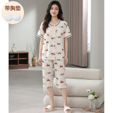 批发带胸垫睡衣<b class='q'>女</b>春夏季云朵棉短袖<b class='q'>七分裤</b>家居服开衫套装休闲可外穿