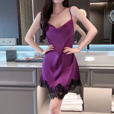 批发<b class='q'>夏</b>季性感冰丝睡衣女吊带睡裙+蕾丝睡袍两件套居家休闲高级感洋气