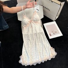 批发<b class='q'>夏</b>季冰丝螺纹吊带睡裙带胸垫可拆蕾丝边V领蝴蝶结碎花睡裙家居服