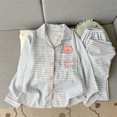 睡衣女春秋季云朵棉翻领格子卡通长袖学生甜美可爱女士家居服套装