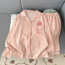 睡衣女春秋季云朵棉翻领格子卡通长袖学生甜美可爱女士家居服套装