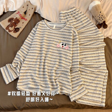 批发云朵棉秋季新款双长套头条纹休闲卡通<b class='q'>可爱</b>学生少女家居服薄款套装