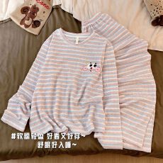 批发云朵棉秋季新款双长套头条纹休闲卡通<b class='q'>可爱</b>学生少女家居服薄款套装