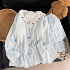 批发带胸垫云朵棉春秋季长袖开衫圆领花边甜美学生少女家居服薄款套装