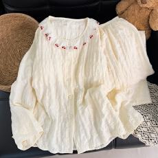 批发带胸垫云朵棉春秋季长袖开衫圆领花边甜美学生少女家居服薄款套装