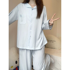 批发云朵棉春秋季新款开衫翻领贝壳边纯色学生少女休闲家居服薄款套装