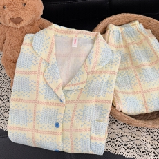 批发云朵棉春秋新款开衫翻领撞色格子学生少女韩版休闲家居服薄款套装