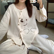 批发云朵棉春秋新款开衫圆领卡通小熊学生少女韩版休闲家居服薄款套装