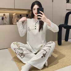 批发带胸垫冰丝螺纹春秋新款V领卡通印花学生少女韩版休闲家居服套装