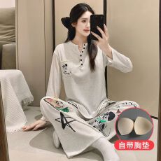 批发带胸垫冰丝螺纹春秋新款V领卡通印花学生少女韩版休闲家居服套装