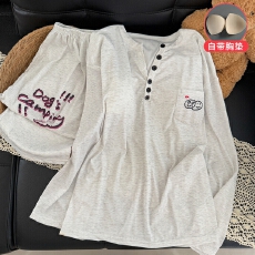 批发带胸垫冰丝螺纹春秋新款V领卡通印花学生少女韩版休闲家居服套装