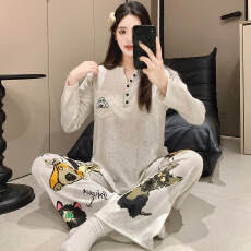 批发带胸垫冰丝螺纹春秋新款V领卡通印花学生少女韩版休闲家居服套装