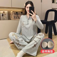 批发带胸垫冰丝螺纹春秋新款V领卡通印花学生少女韩版休闲家居服套装