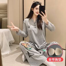 批发带胸垫冰丝螺纹春秋新款V领卡通印花学生少女韩版休闲家居服套装