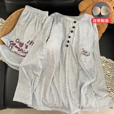 批发带胸垫冰丝螺纹春秋新款V领卡通印花学生少女韩版休闲家居服套装