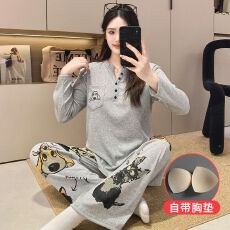 批发带胸垫冰丝螺纹春秋新款V领卡通印花学生少女韩版休闲家居服套装