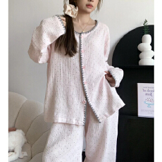 批发云朵棉春秋季新款圆领开衫贝壳边波点学生少女韩版休闲家居服套装