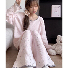 批发云朵棉春秋季新款圆领套头贝壳边波点学生少女韩版休闲家居服套装