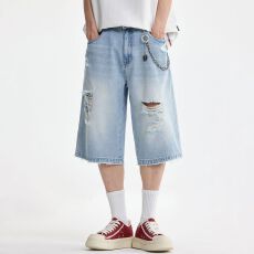 批发实拍潮牌<b class='q'>夏</b>季中裤毛边破洞牛仔短裤男宽松阔腿水洗做旧七分裤