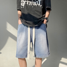 实拍抽绳牛仔短裤潮牌夏季不过膝松紧腰五分裤美式复古大裤衩