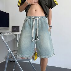 实拍夏季新款星空纹牛仔五分裤潮流百搭美式高街宽松直筒牛仔短裤