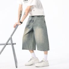 实拍美式复古水洗牛仔七分裤男高街潮牌宽松直筒阔腿牛仔七分裤