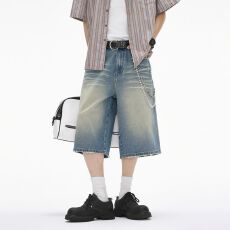 批发实拍2026高街复古做旧牛仔中裤男水洗<b class='q'>夏</b>季潮牌美式休闲百搭七分裤