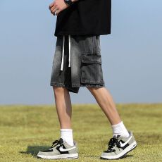 批发2026春<b class='q'>夏</b>工装牛仔裤男立体口袋松紧腰橡筋宽松直筒美式百搭五分裤