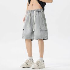 批发2026春<b class='q'>夏</b>工装牛仔裤男立体口袋松紧腰橡筋宽松直筒美式百搭五分裤