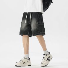 批发2026春<b class='q'>夏</b>工装牛仔裤男立体口袋松紧腰橡筋宽松直筒美式百搭五分裤
