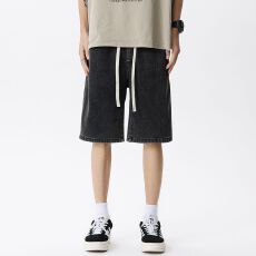 批发2026<b class='q'>夏</b>季薄款港风松紧腰牛仔短裤男宽松直筒潮牌五分休闲中裤ins