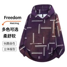 批发实拍2026秋季新款华棉几何线条满印连帽卫衣大码加大宽松上衣