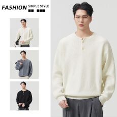 2026美式重磅针织亨利领抗起球毛衣休闲通勤纯色长袖男士春秋季潮