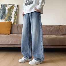 26年新款平腰牛仔裤男宽松港风直筒水洗复古怀旧休闲长裤美式
