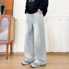 26年新款平腰牛仔裤男宽松港风直筒水洗复古怀旧休闲长裤美式