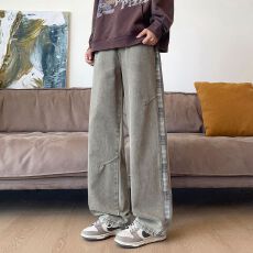 26年新款平腰牛仔裤男宽松港风直筒水洗复古怀旧休闲侧边花布
