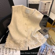 批发小香风木耳边亚麻西装马甲女夏季法式坎肩马夹<b class='q'>外套</b>