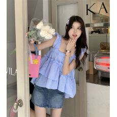 批发小清新方领格纹衬衫女装夏季2026新款设计感小众<b class='q'>不规则</b>短款上衣女