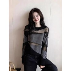 批发法式黑色微透网纱针织衫女早春季巨好看的毛衣内搭打底绝美小上衣