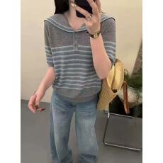 批发2026早春新款韩版时尚V领条纹针织衫女宽松显瘦百搭减龄潮