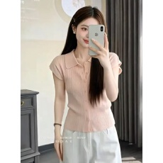 批发粉色polo领坑条短袖针织衫夏季修身显瘦内搭打底衫<b class='q'>甜美</b>短款上衣女