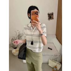 批发法式高级感撞色条纹polo领针织衫女<b class='q'>秋</b>季镂空设计宽松套头翻领毛衣