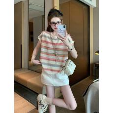 批发粉色条纹短袖t恤女2026新款夏季高级感美式复古慵懒风宽松上衣ins