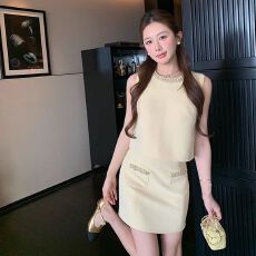 批发千金风无袖马甲上衣短裙子小香风套装女夏季薄款