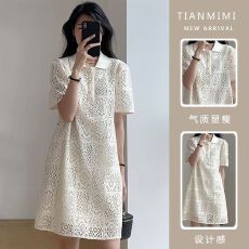 批发2026新款夏季法式设计感镂空温柔甜美方领通勤显瘦小香风连衣裙女
