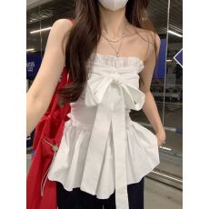 批发甜美风白色蝴蝶结绑带抹胸背心女夏季法式荷叶边别致收腰显瘦上衣