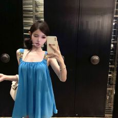 批发蓝色方领吊带连衣裙新款夏季富家千金名媛遮肉裙子高级感雪纺短裙