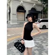 批发法式性感辣妹挂脖无袖连衣裙女夏季黑白撞色修身显瘦气质绝美短裙