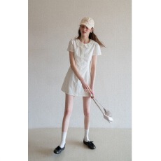 批发2026少女风娃娃领白色连衣裙女夏季甜美气质显瘦收腰短袖a字短裙