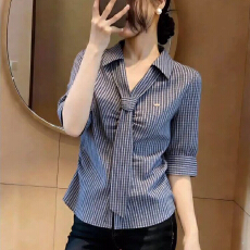 批发时尚设计感翻领系带条纹衬衫女夏装大码胖mm百搭气质显瘦短袖衬衣
